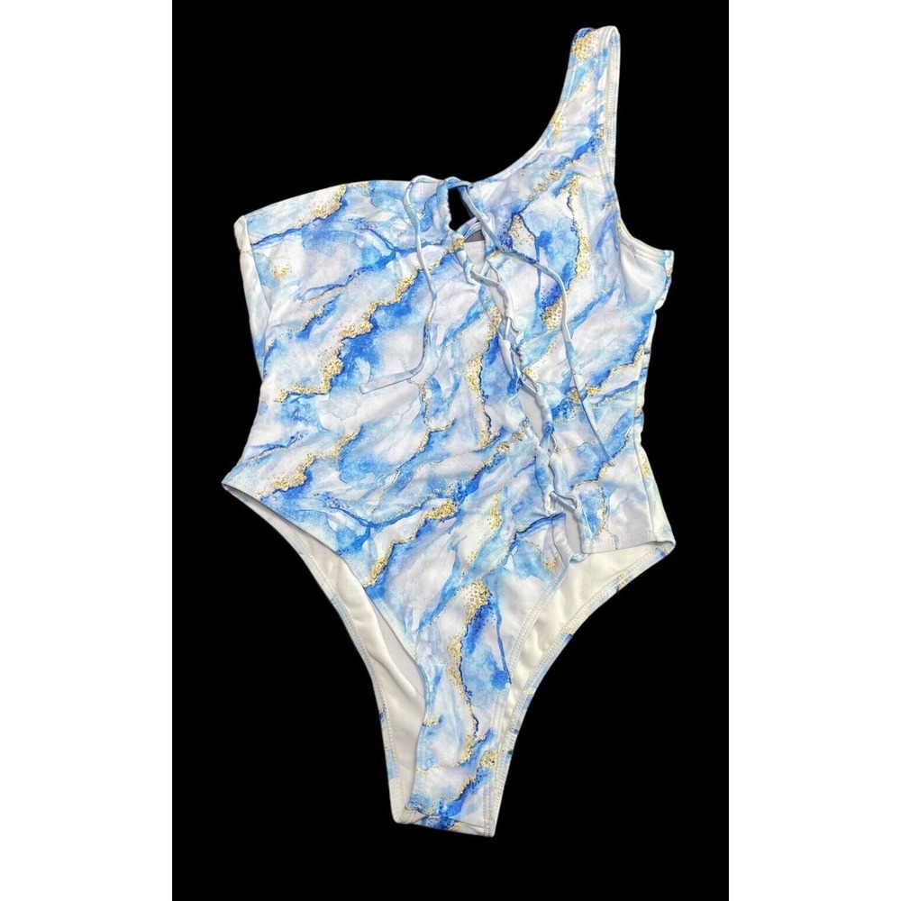 Shein Women's Size Large One Piece‎ Bathing Suit Blue Waves Tie Closer New